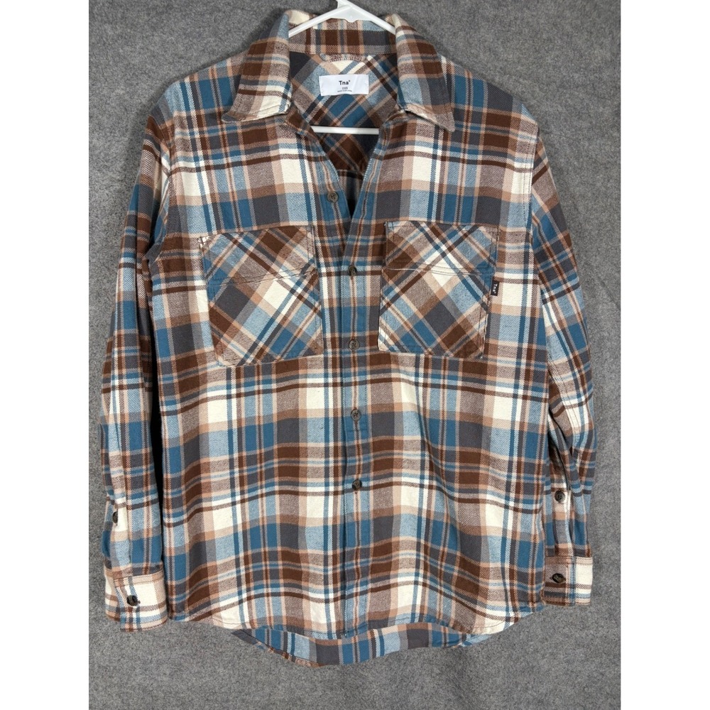 Tna Aritzia Organic Cotton Plaid Flannel Shirt Blue Brown 2XS 99711 Womens